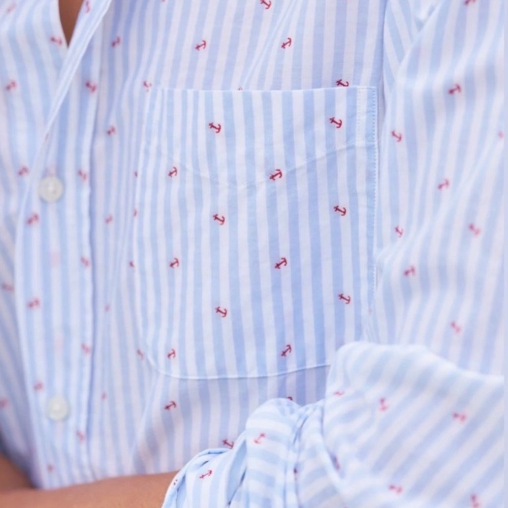 Frank & Eileen Signature Barry Poplin Stripe & Anchor Cotton Button Down Shirt